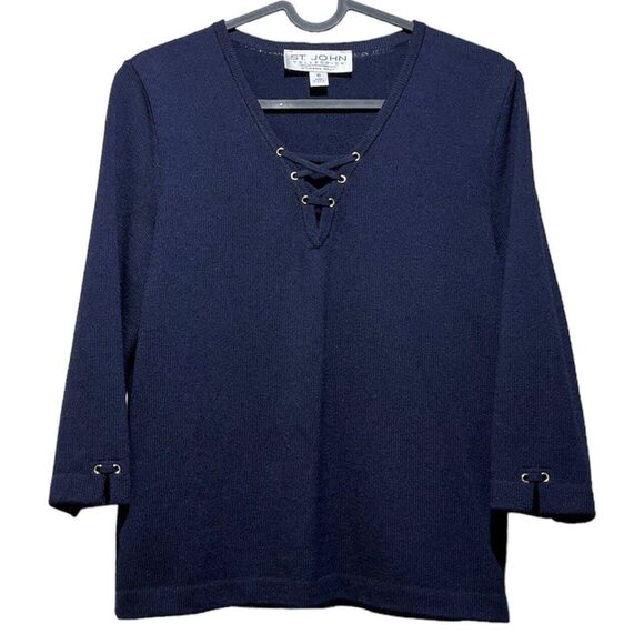 Vintage ST. JOHN by Marie Gray Y2K Lace-up Grommet Knit Navy 3/4Sleeve Sweater 6 - Picture 1 of 9